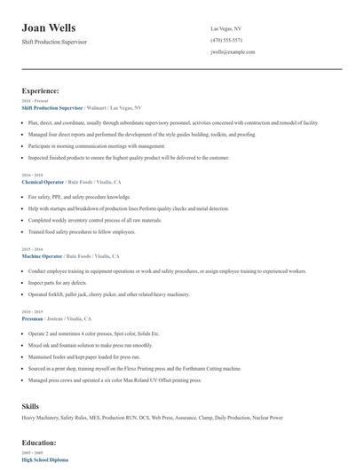 Shift Production Supervisor Resume