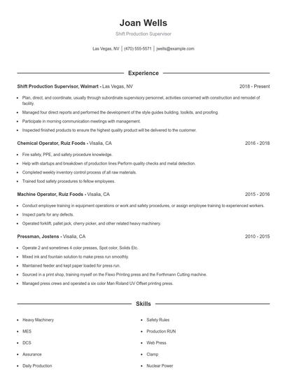 Shift Production Supervisor Resume