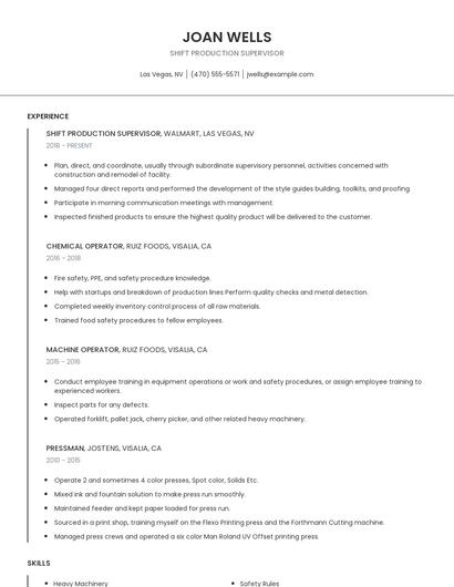 Shift Production Supervisor Resume