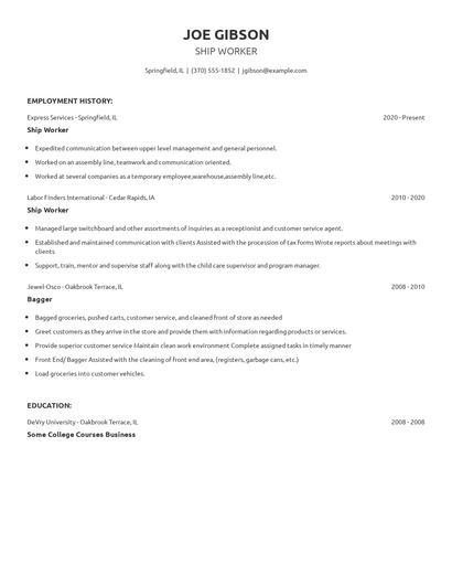 Ship Worker Resume
