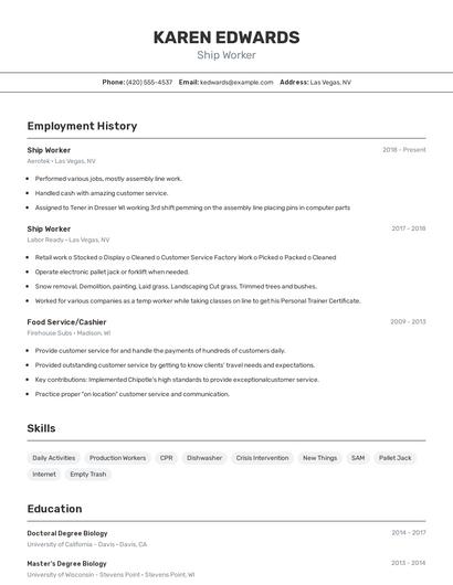 Ship Worker Resume