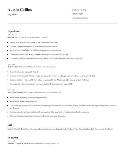 Ship Worker Resume