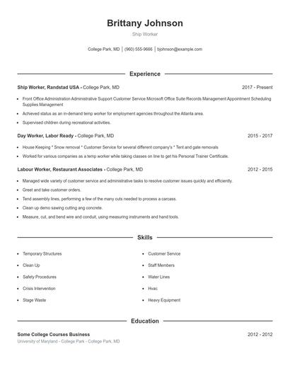 Ship Worker Resume