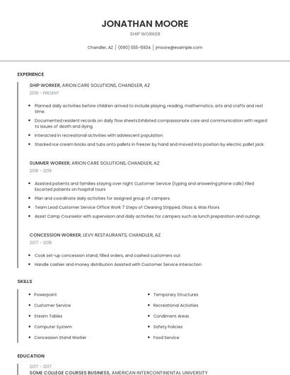 Ship Worker Resume