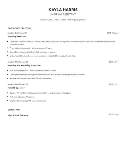 Shipping Assistant Resume