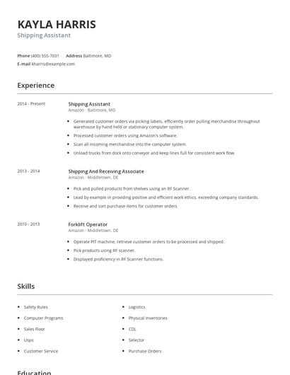 Shipping Assistant Resume