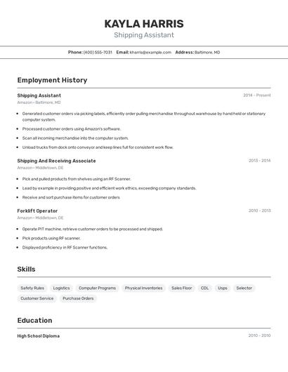 Shipping Assistant Resume