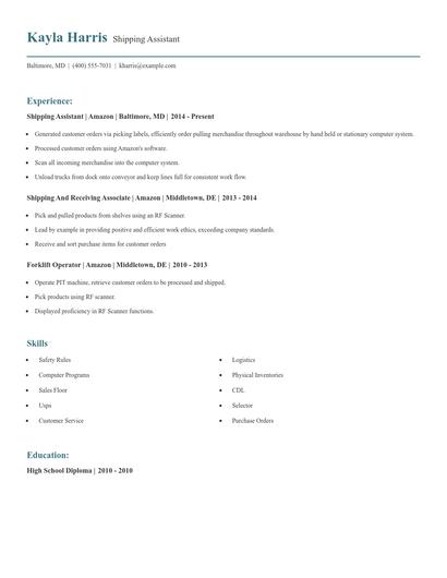 Shipping Assistant Resume