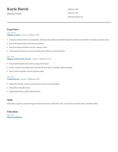 Shipping Assistant Resume