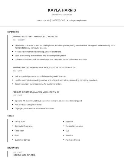 Shipping Assistant Resume