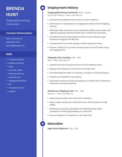Shipping/Receiving Technician Resume