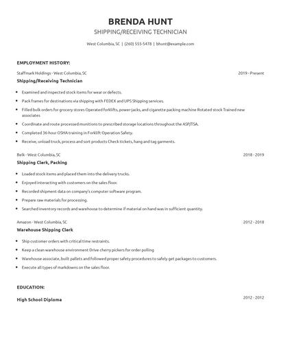 Shipping/Receiving Technician Resume