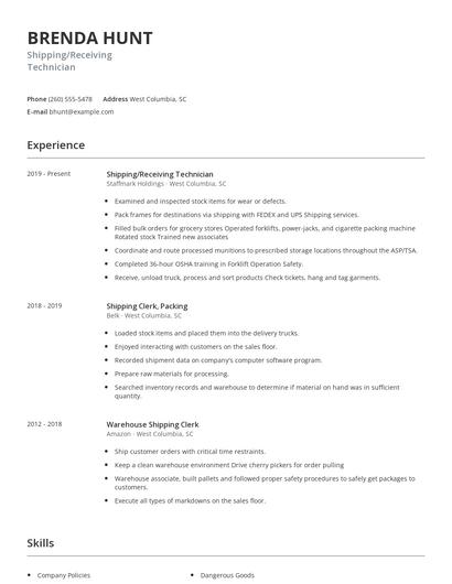 Shipping/Receiving Technician Resume
