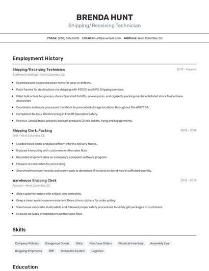Shipping/Receiving Technician Resume