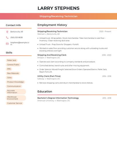 Shipping/Receiving Technician Resume