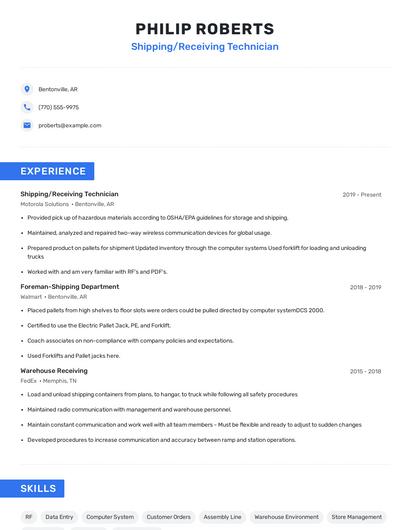 Shipping/Receiving Technician Resume