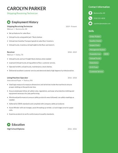 Shipping/Receiving Technician Resume