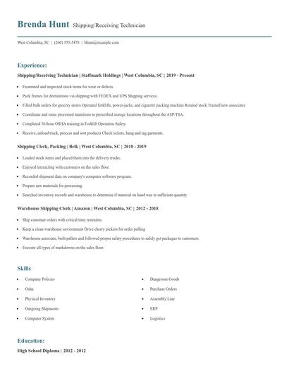 Shipping/Receiving Technician Resume