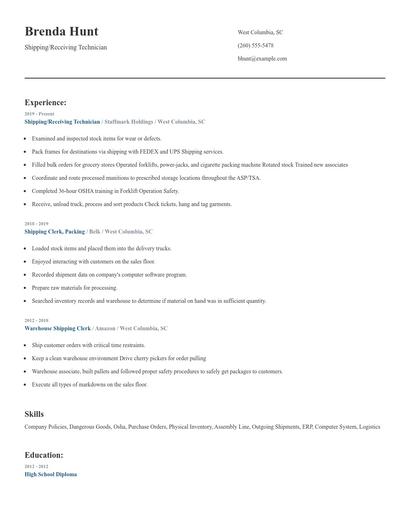 Shipping/Receiving Technician Resume