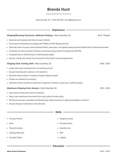 Shipping/Receiving Technician Resume