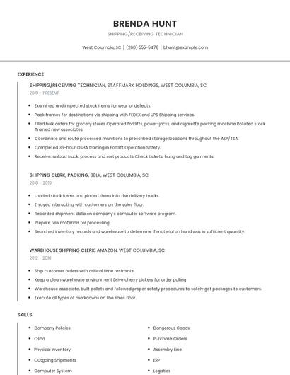 Shipping/Receiving Technician Resume