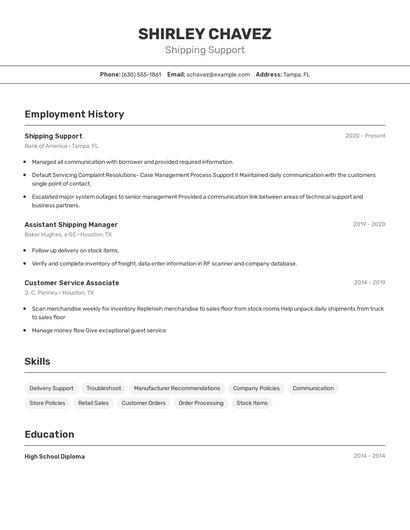 Shipping Support Resume