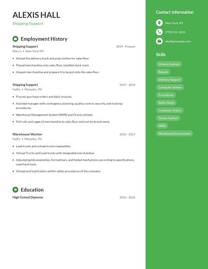 Shipping Support Resume