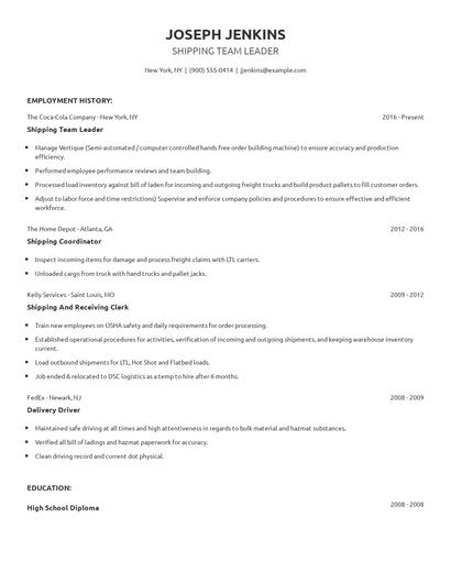 Shipping Team Leader Resume