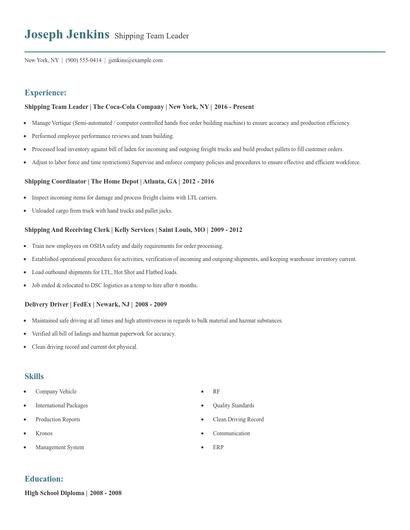Shipping Team Leader Resume