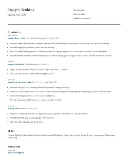 Shipping Team Leader Resume