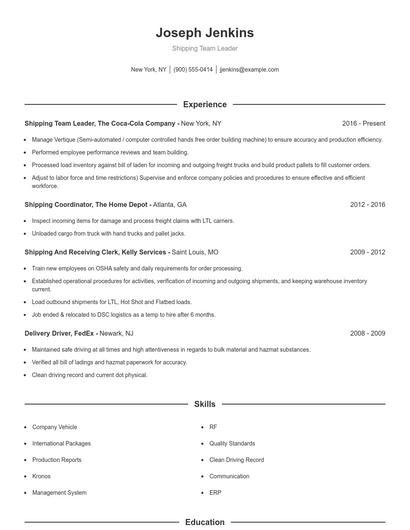 Shipping Team Leader Resume