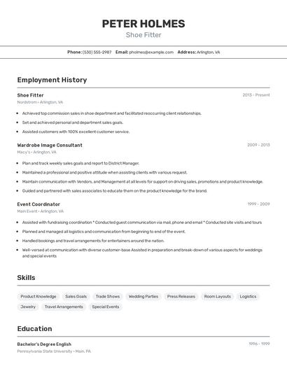 Shoe Fitter Resume