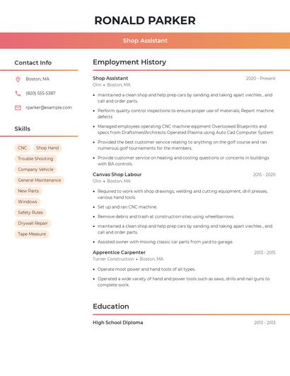 Shop Assistant Resume