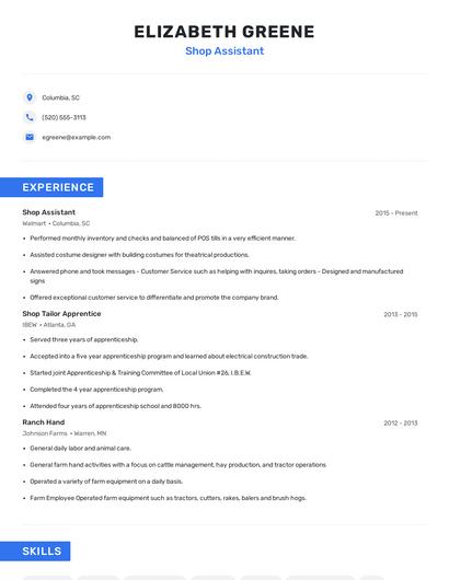 Shop Assistant Resume