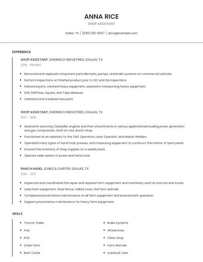 Shop Assistant Resume