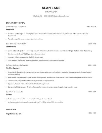 Shop Lead Resume