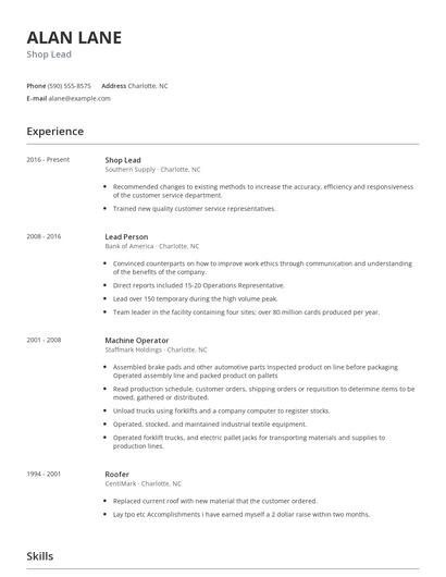 Shop Lead Resume