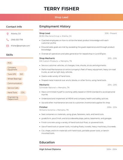 Shop Lead Resume