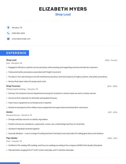 Shop Lead Resume