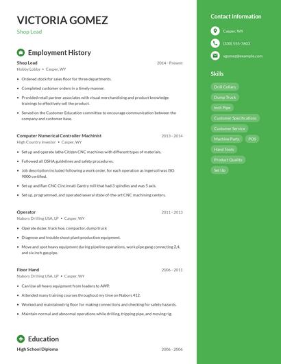 Shop Lead Resume