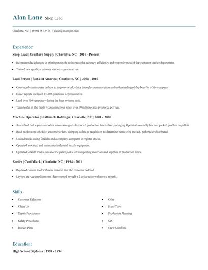 Shop Lead Resume