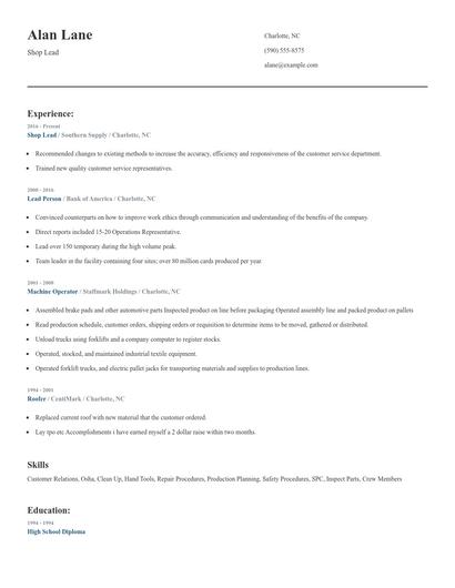 Shop Lead Resume