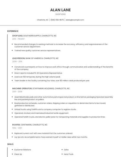 Shop Lead Resume