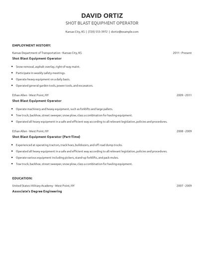 Shot Blast Equipment Operator Resume