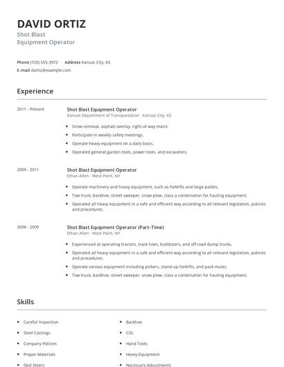 Shot Blast Equipment Operator Resume
