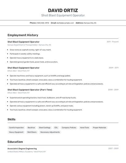 Shot Blast Equipment Operator Resume