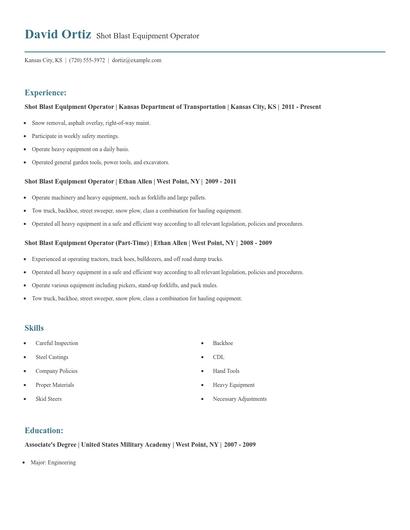 Shot Blast Equipment Operator Resume