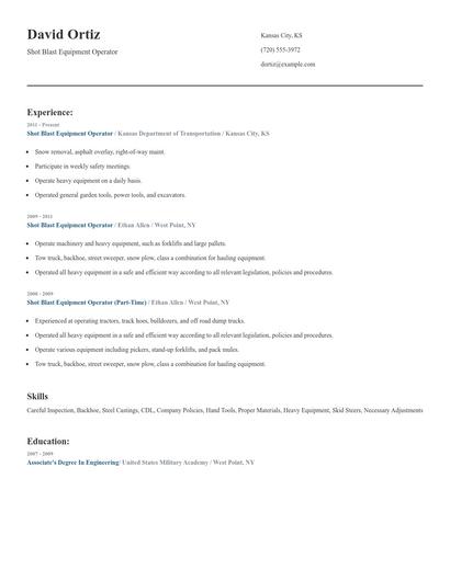 Shot Blast Equipment Operator Resume