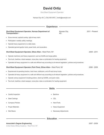 Shot Blast Equipment Operator Resume