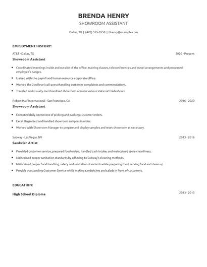 Showroom Assistant Resume